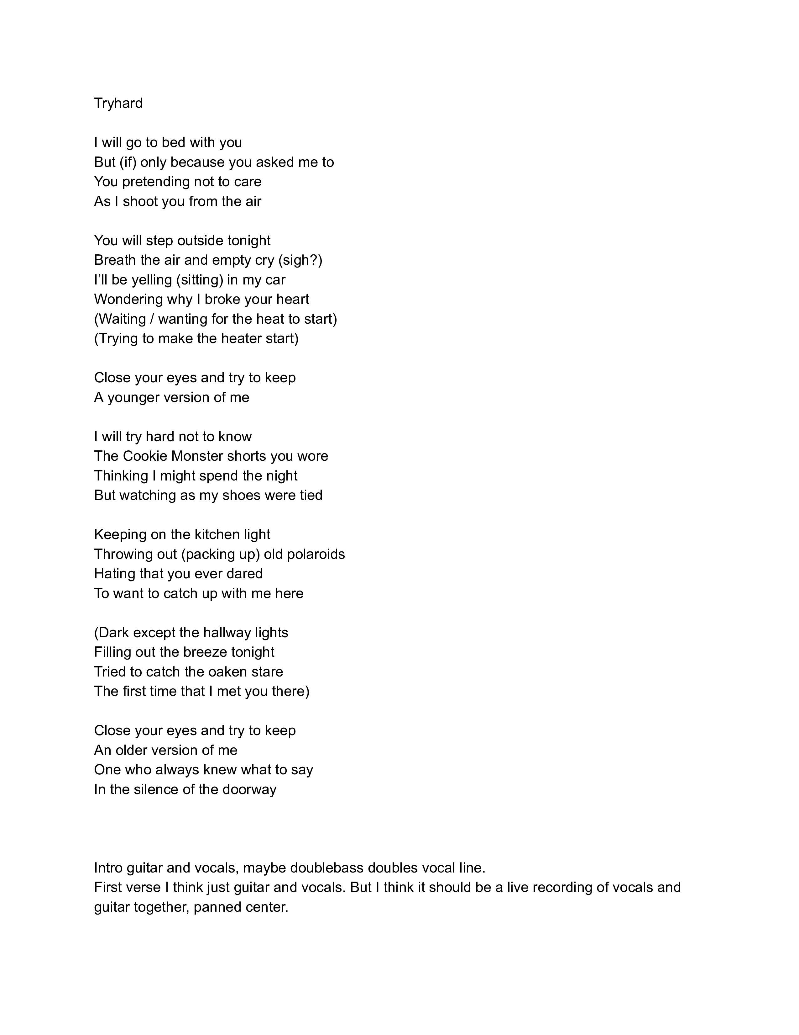 Tryhard Lyrics Sheet 1